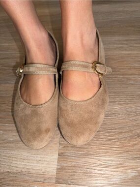 Suede Mary Jane Flats in Beige